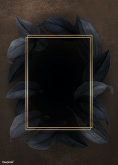 a black square frame surrounded by leaves on a dark brown background with a gold border