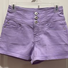 Lavender Shorts, Button Up , Has Slight Give In The Material, Legs Are Cuffed , Soft Material, Super Cute , New Never Worn , Comes From A Smoke Free And Pet Free Home Lavender High-waist Bottoms With Pockets, Lavender Cotton Shorts For Spring, Spring Lavender Cotton Shorts, Purple High Waisted Shorts For Spring, Fitted Lavender Shorts For Spring, High Waist Purple Shorts For Spring, Purple High Waist Shorts For Spring, Lavender Fitted Shorts, Lavender Fitted Short Bottoms