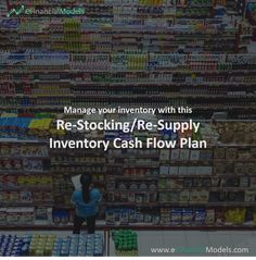 a person standing in front of a grocery store filled with items and text reads manage inventory with this re - stocking / re - supply inventory cash flow plan