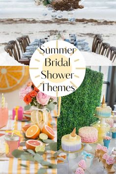 a collage of photos with flowers, cakes and desserts on the table in front of an ocean view