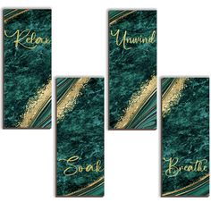 four green and gold wall hangings with words on them