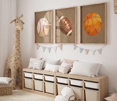 a child's room decorated in neutrals and whites with sports themed artwork on the wall