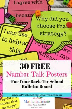 the back to school bulletin board is full of colorful speech bubbles with text that reads, 30 free number talk posters for your back to school bulletin board