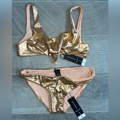 Nwt Dolce Vita Reversible Knotted Front Gold 2 Piece Bikini - Small. Hipster Bottom. Reverse To Pink. Bralette Top W Knot In Front Chic Gold Swimwear For Sunbathing, Chic Gold Stretch Swimwear, Fitted Gold Swimwear For Beach Party, Pink Bralette, Bralette Top, Bralette Tops, Pink Gold, Womens Swim, Pink And Gold