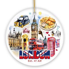 the london christmas ornament is hanging from a rope