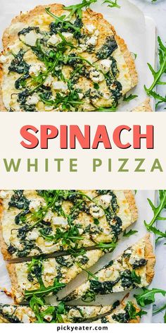 spinach and white pizza with text overlay