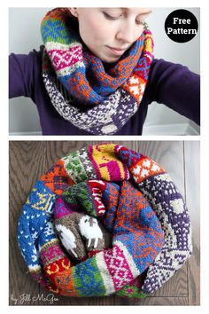 a woman wearing a multicolored knitted cow scarf with the words free pattern on it