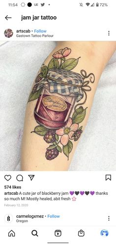 a person with a tattoo on their arm and the words jam jar tattooed to it