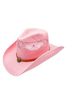 A bright pink hue set the tone for this straw cowboy hat Dolly would approve of. 100% straw Spot clean Imported Women’s Cowboy Hats, Pink Cowgirl Hat Outfit, Cowgirl Hat Outfit, Pink Cowgirl Hat, Pink Cowboy Hat, Pink Cowboy, Floppy Hats, Straw Cowboy Hat, Pink Cowgirl