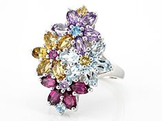 1.35ctw Oval Glacier Topaz™ & .16ctw Round Swiss Blue Topaz, 1.04ctw Oval & .08ct Raspberry Rhodolite, .99ctw Oval & .12ct Round Brazilian Citrine, .99ctw Oval & .06ct Round Lavender Amethyst Rhodium Over Sterling Silver Flower Ring. Measures Approximately .84"L x 1.12"W. Not Sizeable. Fine Jewelry Cluster Gemstones With Multi-stone, Silver Flower Ring, Lavender Amethyst, Swiss Blue Topaz, Sterling Silver Flowers, Silver Flowers, Flower Ring, Blue Topaz, Citrine