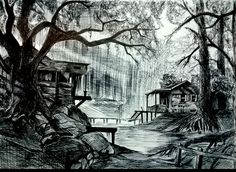 a black and white drawing of a cabin in the woods