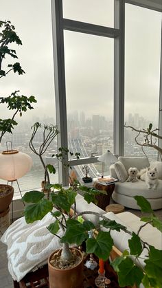 a living room filled with lots of furniture and plants on top of a wooden table