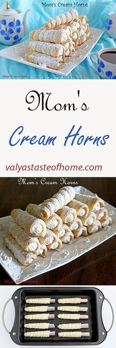 an advertisement for mom's cream horns with cookies on the bottom and in the middle