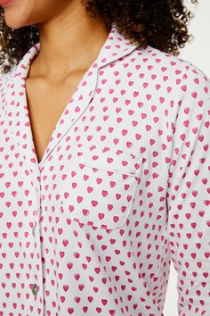 Stay cozy in bed in these new soft and plush PJs that feature our chic hearts print in a vibrant pink colorway. This pajama set includes a long-sleeve polo top and matching bottoms. 5 Buttons Chest Pocket Elastic Waistband Prefer your PJs to be super lightweight and breathable? You will adore our Hearts Loungewear Sets! Materials and Care 100% Long-Staple Premium Cotton Machine wash warm with like colors. Do not bleach Line Dry recommended. Warm iron if needed Imported Measurement Information Se Pajama Set Long, Pyjamas Womens, Roller Rabbit, Print Pants, Sleepwear Sets, Loungewear Sets, Classic Pattern, Long Sleeve Polo, Printed Pants