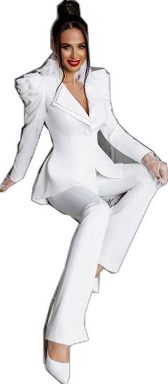 Chic Fitted Pantsuit For Semi-formal Occasions, Chic Fitted Pantsuit With Suit Collar, Elegant Fitted Structured Pantsuit, Elegant Structured Fitted Pantsuit, Chic Fitted Sets With Suit Collar, Elegant White Sets For Fall, Chic Formal Set With High-waisted Pants, Chic Tailored Pantsuit With Suit Collar, Fitted Tuxedo Style Structured Pantsuit