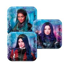 two coasters with pictures of the same character and their names on them, one has blue hair