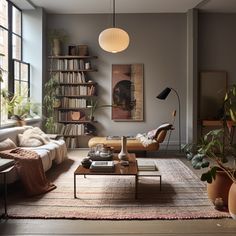 a living room filled with furniture and bookshelves next to a window covered in plants