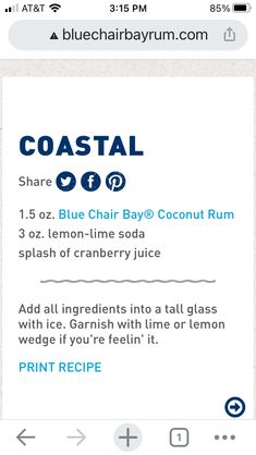 the menu for coastal blue chair bay coconut rum