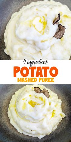 mashed potatoes in a skillet with text overlay