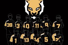 an illustrated image of a group of people with numbers on them and a tiger's head in the middle