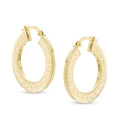 Add just the right amount of detail to her attire with these sophisticated hoop earrings. Crafted in warm 14K gold, each hoop features a classic Greek key design. Polished to a bright shine, these earrings secure with latch backs. Luxury Hallmarked 14k Gold Huggie Earrings, Luxury Small Hoop Earrings Hallmarked, Luxury 14k Gold Hoop Earrings For Formal Occasions, Luxury Tarnish Resistant Hoop Earrings For Formal Occasions, Luxury Tarnish Resistant Hoop Earrings For Formal Events, Luxury Gold Diamond Cut Huggie Earrings, Luxury Pierced Yellow Gold Hoop Earrings, Luxury Yellow Gold Diamond Cut Hoop Earrings, Luxury Yellow Gold Pierced Hoop Earrings