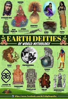 the earth deities of world mythology are depicted in this poster, which includes images of people and animals