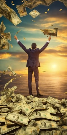 a man standing on top of a pile of money with his hands up in the air