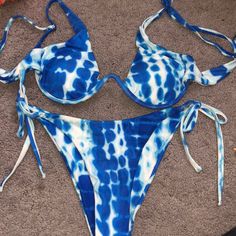 Perfect Condition. Size Medium Blue Tye Dye Bikini. Clasp In Back For The Top. Tye Bottoms. Blue Underwire Swimwear For Summer, Blue Underwire Swimwear For Poolside, Blue Underwire Beachy Swimwear, Blue Swimwear With Tie-side Bottom For Beach Party, Beachy Blue Tie-side Swim Bottoms, Blue Tie-side Bottom Swimwear For Beach, Beachy Blue Tie-side Swimwear Bottom, Beachy Blue Tie-side Swimwear, Blue Tye Dye