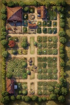 an aerial view of a garden with lots of trees and plants in the middle of it