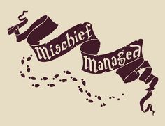 an image of the word mischef managed written in cursive font on a beige background