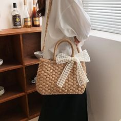 TAVIMART - Luxury Designer Women's Hand Woven Straw Bag Summer New Bohemian Beach Seaside Travel Handbag Lace Bow Drawstring Tote Picnic Picnic Shoulder Bag With Adjustable Strap, Bohemian Handheld Bags For Spring, Spring Bohemian Handheld Bags, Casual Beige Bags For Picnics, Casual Beige Bag For Picnic, Bohemian Spring Bucket Bag, Bohemian Bucket Bag For Spring, Beige Bag With Adjustable Strap For Picnic, Summer Brown Shoulder Bag For Picnic