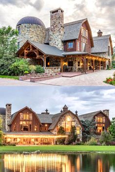 two different views of a large house next to a lake