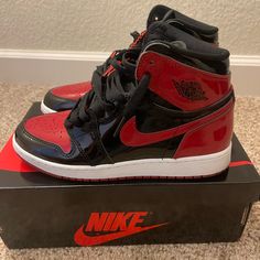 Jordan 1 Black And Red Patent Size 5.5 Youth. Almost Brand New Worn 2-3 Times. Rare And Highly Sought After! Will Fit Women’s Size 7-7.5 Shoes For Women Red, Red And Black Air Jordan 1, Cute Shoes For Women Sneakers, Jordan Aesthetic Shoes, Red Jordan 1s Outfit, Red Shoes Nike, Shoes For Women 2024, Black And Red Nike Shoes, Jordan 1 Red And Black