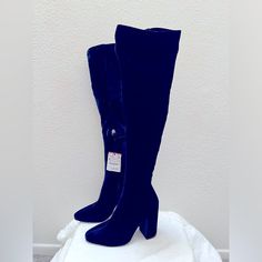 These Gorgeous Blue Velvet With Chunky Heels, Over-The-Knee Boots Are A Must Have In Your Closet. Pair Them With Mini Skirts, Short Shorts Or Mini Dresses To Show Your Naughtiness. If Not, You Can Pair Them With Flared Jeans, Midi Skirts Or Midi Dresses For A Demure Look These Boots Are Brand New, Never Been Worn, Still Has Tag On. Offers Are Always Welcome! Please See Photos For Measurements Thank You For Stopping By, Come Back Soon For More Beautiful Items From My Closet Zara Fitted Knee-high Winter Boots, Fitted Zara Knee-high Winter Boots, Fitted Zara Knee-high Boots For Winter, Blue Thigh-high Boots For Fall, Zara Knee-high Boots For Formal Occasions, Chic Blue Knee-high Boots, Chic Blue Knee-high Boots For Fall, Zara Formal Knee-high Boots, Chic Fitted Blue Knee-high Boots