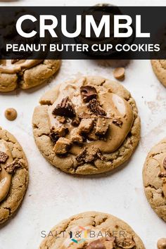 chocolate chip cookies with peanut butter on top and the words crumbl above them