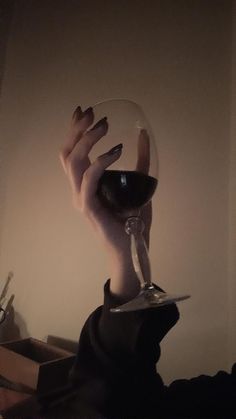 a person holding a wine glass up to the camera with their hand in front of them