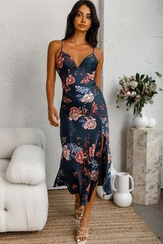 Shop the Downtown Cami Strap Front Split Midi Dress Oriental Flower Print Forest Green | Selfie Leslie Downtown Dress, Crochet Beach Dress, Sage Green Dress, Halter Bodycon Dress, Embellished Midi Dress, Mint Dress, Wedding Abroad, Garden Dress, Chiffon Midi Dress