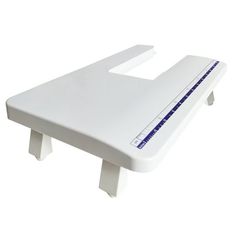 a white plastic step stool with blue trim