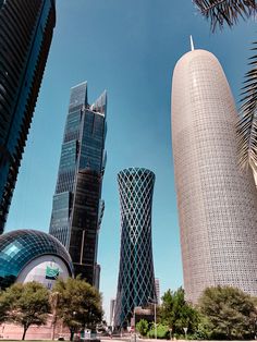 some very tall buildings in the city with palm trees and blue sky behind them on a sunny day