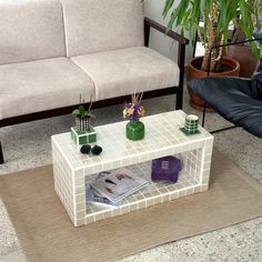 a living room with two couches and a coffee table in front of the couch