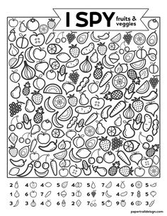 a coloring page with the words i spy on it and an image of fruits and vegetables