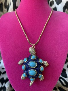 Betsey Johnson Betsey And The Sea Turtle Blue Turquoise Cabochon Long Necklace | eBay Elegant Blue Turquoise Necklace With Lobster Clasp, Elegant Blue Turquoise Necklace, Blue Costume Jewelry Necklaces With Lobster Clasp, Blue Turquoise Pendant Necklace With Lobster Clasp, Blue Turquoise Necklace With Large Pendant As A Gift, Blue Turquoise Necklace With Adjustable Chain, Blue Jeweled Costume Jewelry Necklaces, Blue Costume Jewelry Necklaces With Jewels, Blue Jeweled Costume Necklaces