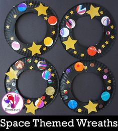 the space themed wreaths have been made from paper plates and are on sale for $ 3