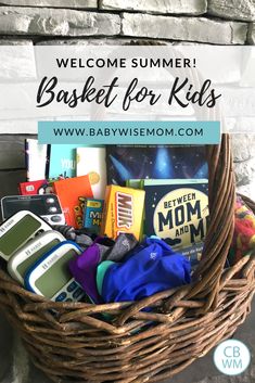 a basket full of baby items with the words welcome summer basket for kids on it