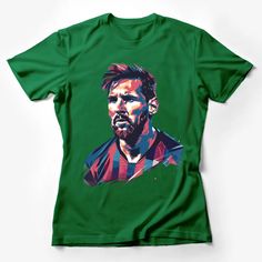 a green t - shirt with an image of a man in the likeness of soccer player