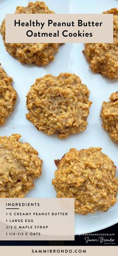 healthy peanut butter oatmeal cookies on a white plate with text overlay