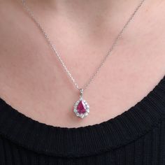 "Wedding Set Ruby Necklace, Natural Ruby Dimond Necklace, Natural Ruby Special Necklace, Pear Cut Ruby Matchless Surrounding Diamond Necklace   Items Details * Made to Order * Gold KT: 14K or 18K * Custom Gold Color: Rose Gold, Yellow Gold, White Gold. * Ruby: 0.80ct * Round CTW: 0.25ctw * Diamond Color-Clarity: E Color VS Clarity If you have any additional questions about this necklaces, just hit the \"Message \" button and we will get back to you within a few hours. ★ ★ ★ Each order will be beautifully packaged for gift giving in a jewelry box with an additional pouch for travels. Be sure to hit \"favorite\" on the right so it remains in your favorites list and/ or add to your wish list(s). ▶ Want to find out more? Check out my shop https://etsy.me/3Nt3uby Thank you for taking the time t Fine Jewelry Ruby Diamond Necklace Brilliant Cut, White Gold Ruby Necklace With Diamond Cut, Elegant Gemstone Drop Necklace For Anniversary, Elegant Ruby Briolette Necklace, Elegant Pear-shaped Gemstone Diamond Necklace, Pear-shaped Brilliant Cut Drop Necklace For Wedding, Teardrop Pendant Diamond Necklace With Prong Setting For Wedding, Teardrop Diamond Necklace With Prong Setting For Wedding, Formal Teardrop Diamond Necklace With Gemstone