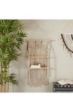 there is a plant in the corner next to a macrame wall hanging