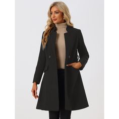 This stylish trench coat features a modern stand collar that adds a touch of sophistication, along with an open front design for effortless wear. It has convenient pockets that blend functionality with style, making it perfect for everyday use. The coat is belted, which not only enhances its visual appeal but also ensures a flattering fit for a variety of body types. This thoughtful design element emphasizes your waist, creating a slimmer, more elegant silhouette that is both fashionable and tim Knee Length Coat, Coats Black, Winter Outwear, Chelsea Boots Women, Coat Stands, Wool Peacoat, Black Velvet Dress, Belted Coat, Tweed Dress