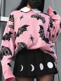 Bats Pattern, Perky Goth, Preppy Punk, Pastel Goth Outfits, Street Y2k, Long Knit Sweater, Alt Outfits